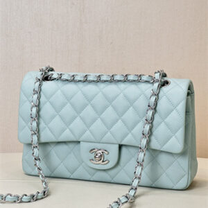 Chanel Medium Classic Flap Bag Grained Calfskin Silver Tone Metal Mint 01112 TOP