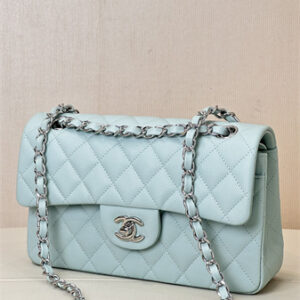 Chanel Small Classic Flap Bag Grained Calfskin Silver Tone Metal Mint 01117 TOP