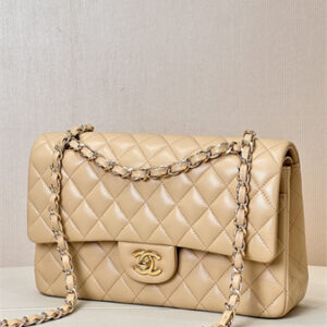 Chanel Medium Classic Flap Bag Lambskin Gold Tone Metal Beige 01112 TOP