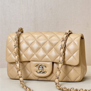 Chanel Mini Classic Flap Bag Lambskin Gold Tone Metal Beige Color 01116 TOP