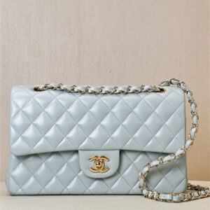 Chanel Medium Classic Flap Bag Lambskin Gold Tone Metal Baby Blue 01112 TOP