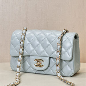 Chanel Mini Classic Flap Bag Lambskin Gold Tone Metal Baby Blue Color 01116 TOP