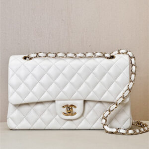 Chanel Medium Classic Flap Bag Lambskin Gold Tone Metal White 01112 TOP