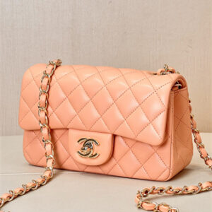 Chanel Mini Classic Flap Bag Lambskin Gold Tone Metal Orange Color 01116 TOP