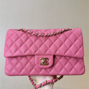Chanel Medium Classic Flap Bag Grained Cafskin Gold Tone Metal Fuchsia 01112 TOP