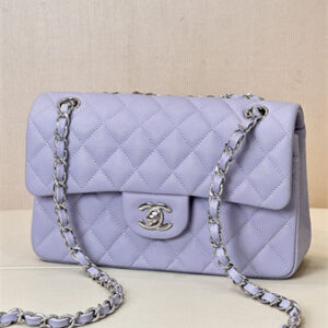 Chanel Small Classic Flap Bag Grained Calfskin Silver Tone Metal Lt Purple 01117 TOP