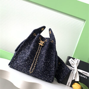Chanel 25 Medium Handbag Tweed Gold Tone Metal Navy AS5311