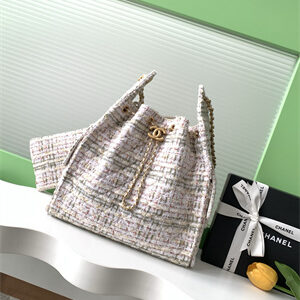 Chanel 25 Medium Handbag Tweed Gold Tone Metal White AS5311