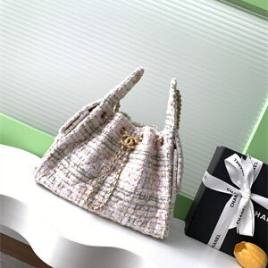 Chanel 25 Small Handbag Tweed Gold Tone Metal White AS5293