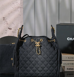 Chanel 25 Medium Handbag Black Denim Gold Tone Metal AS5311