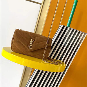 Y.S.L LOULOU Mini in MATELASSÉ Suede Gold Tone Metal Brown Color