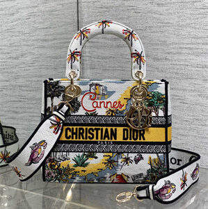 CD Medium Lady D-Lite Bag  Embroidery White/Yellow Multicolors