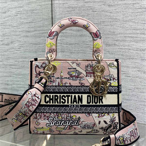 CD Medium Lady D-Lite Bag  Embroidery Pink Multicolors