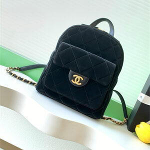 Chanel Backpack Velvet and Calfskin Gold Tone Metal Black AS5793