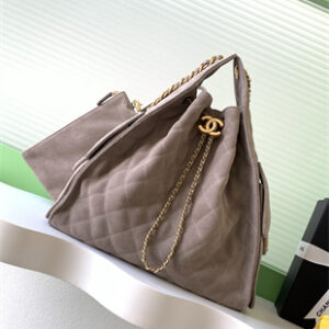 Chanel 25 Medium Handbag Suede Gold Tone Metal Taupe AS5311