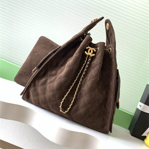 Chanel 25 Medium Handbag Suede Gold Tone Metal Coffee AS5311