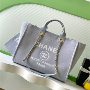 Chanel Deauville Large Shopping Bag Mixed Fibers Gold Tone Metal lt Grey A66941