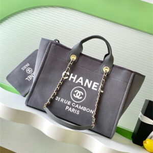 Chanel Deauville Large Shopping Bag Mixed Fibers Gold Tone Metal Grey A66941
