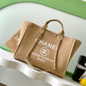 Chanel Deauville Large Shopping Bag Mixed Fibers Gold Tone Metal Dk Beige A66941