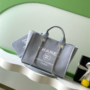 Chanel Deauville Small Shopping Bag Mixed Fibers Gold Tone Metal Lt Grey AS3257