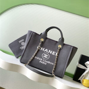 Chanel Deauville Small Shopping Bag Mixed Fibers Gold Tone Metal Grey AS3257