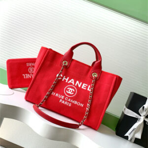 Chanel Deauville Small Shopping Bag Mixed Fibers Gold Tone Metal Red AS3257