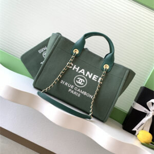 Chanel Deauville Small Shopping Bag Mixed Fibers Gold Tone Metal Green AS3257