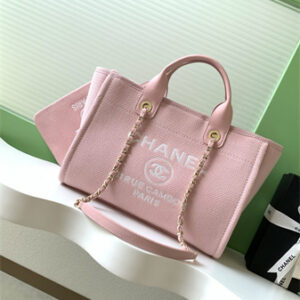 Chanel Deauville Small Shopping Bag Mixed Fibers Gold Tone Metal Pink AS3257