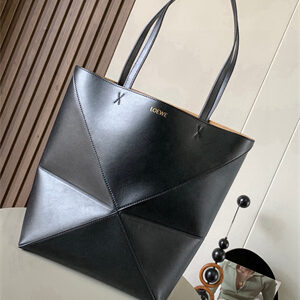 Loewe Medium Puzzle Fold Tote In Shinny Calfskin Black