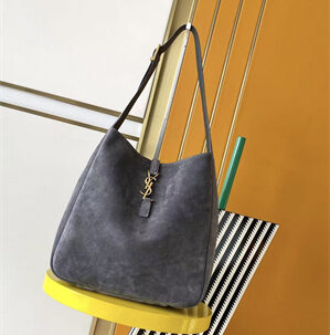 Y.S.L LE 5 A 7 Supple Large HOBO BAG In Grey Suede Leather