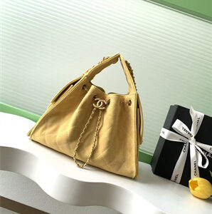 Chanel 25 Small Handbag Suede Gold Tone Metal Yellow AS5293
