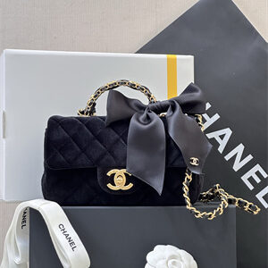 Chanel Mini Flap Bag With Top Handle Velvet,Silk Gold Tone Metal Black AS5875 TOP