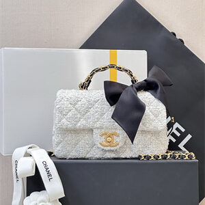 Chanel Mini Flap Bag With Top Handle Tweed,Silk Gold Tone Metal White & Black AS5875 TOP