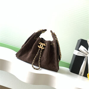 Chanel 25 Mini Handbag Suede Gold Tone Metal Coffee AS5631