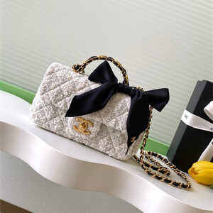 Chanel Mini Flap Bag With Top Handle Tweed,Silk Gold Tone Metal White & Black AS5875