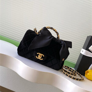 Chanel Mini Flap Bag With Top Handle Velvet,Silk Gold Tone Metal Black AS5875
