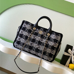 Chanel Shopping Bag Tweed, Shearling Lambskin &Gold-Tone Metal Black& Gray AS5689