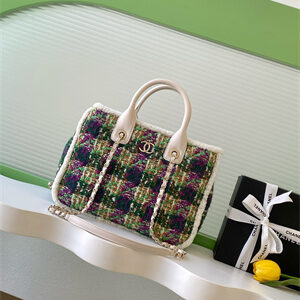 Chanel Small Tote Tweed, Shearling Lambskin &Gold-Tone Metal Purple&Green AS5688