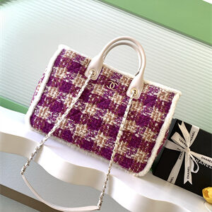 Chanel Shopping Bag Tweed, Shearling Lambskin &Gold-Tone Metal Purple&White AS5689
