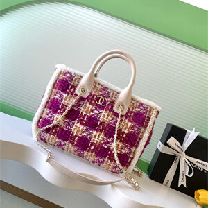 Chanel Small Tote Tweed, Shearling Lambskin &Gold-Tone Metal Purple&White AS5688