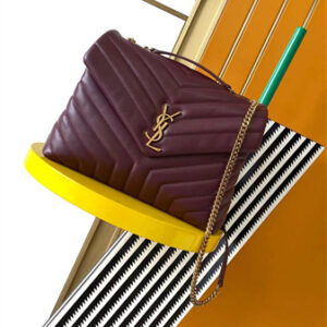 Y.S.L LOULOU MEDIUM In Burgundy Quilted Calfskin Leather Gold Tone Metal
