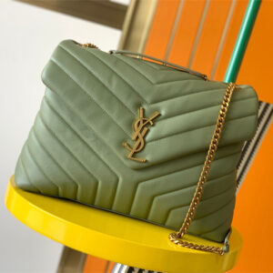Y.S.L LOULOU MEDIUM In Green Quilted Calfskin Leather Gold Tone Metal