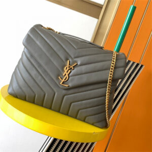 Y.S.L LOULOU MEDIUM In Grey Quilted Calfskin Leather Gold Tone Metal