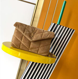 Y.S.L TOY PUFFER In Suede Gold Tone Metal Brown Color