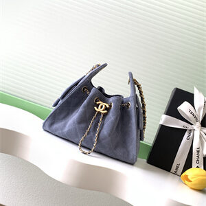 Chanel 25 Mini Handbag Suede Gold Tone Metal Grey Blue AS5631