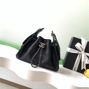 Chanel 25 Mini Handbag Grained Calfskin Silver Tone Metal Black AS5631