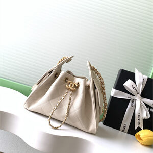 Chanel 25 Mini Handbag Grained Calfskin Gold Tone Metal Beige AS5631