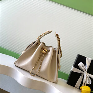 Chanel 25 Small Handbag Grained Calfskin Gold Tone Metal Beige AS5293