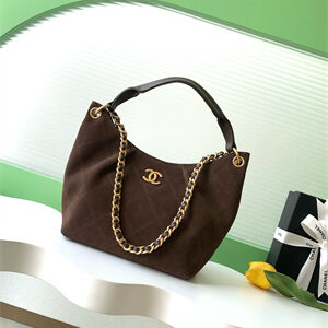 Chanel Small Hobo Bag Suede& Gold Tone Metal Coffee AS5970