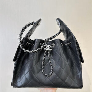 Chanel 25 Small Handbag Grained Calfskin Silver Tone Metal Black AS5293 Top